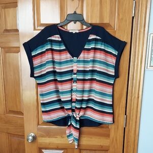•➕️ Rewind Navy Striped Button-Down Tie-Front Flowy Blouse, Like New